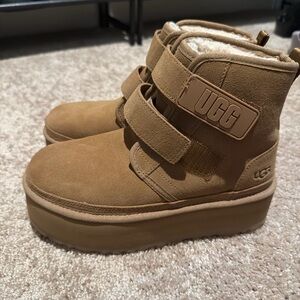 UGG Platform Strap Boots Chestnut Suede Shearling Women’s 8 Like New